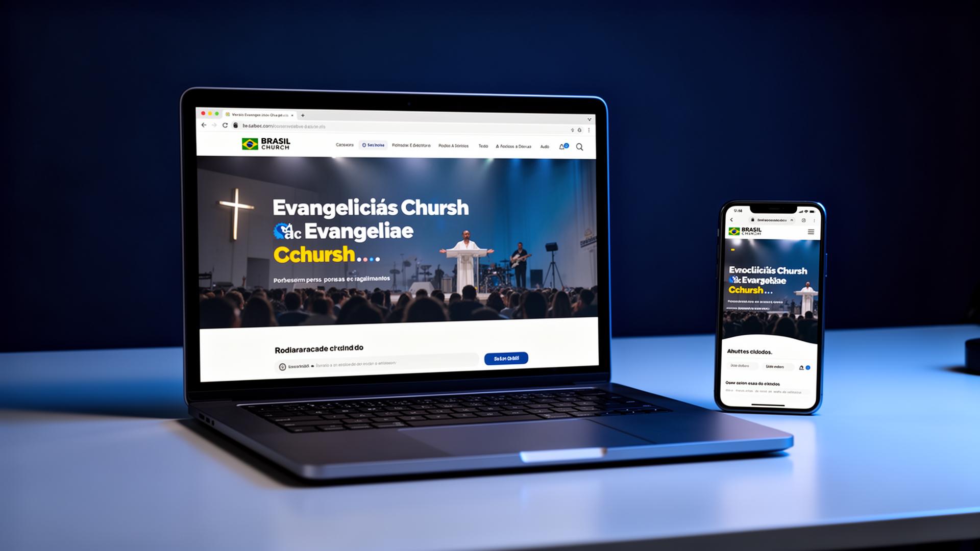 Notebook e celular exibindo um site moderno de igreja